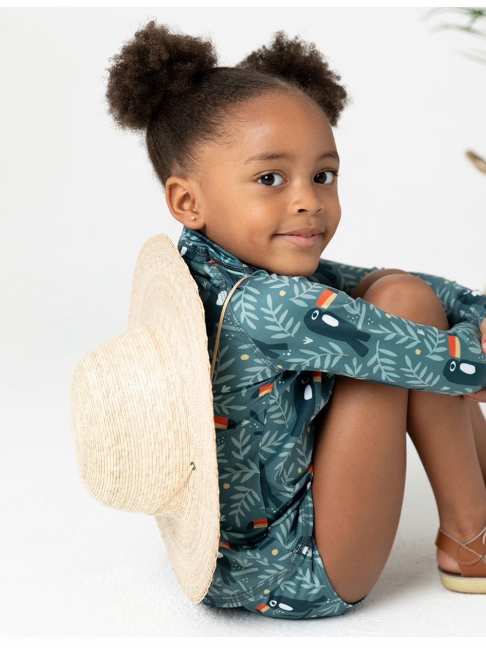 Kids 2 Piece Swimsuit in Teal Toucan Print -  Rashguard and  Netted Shorts